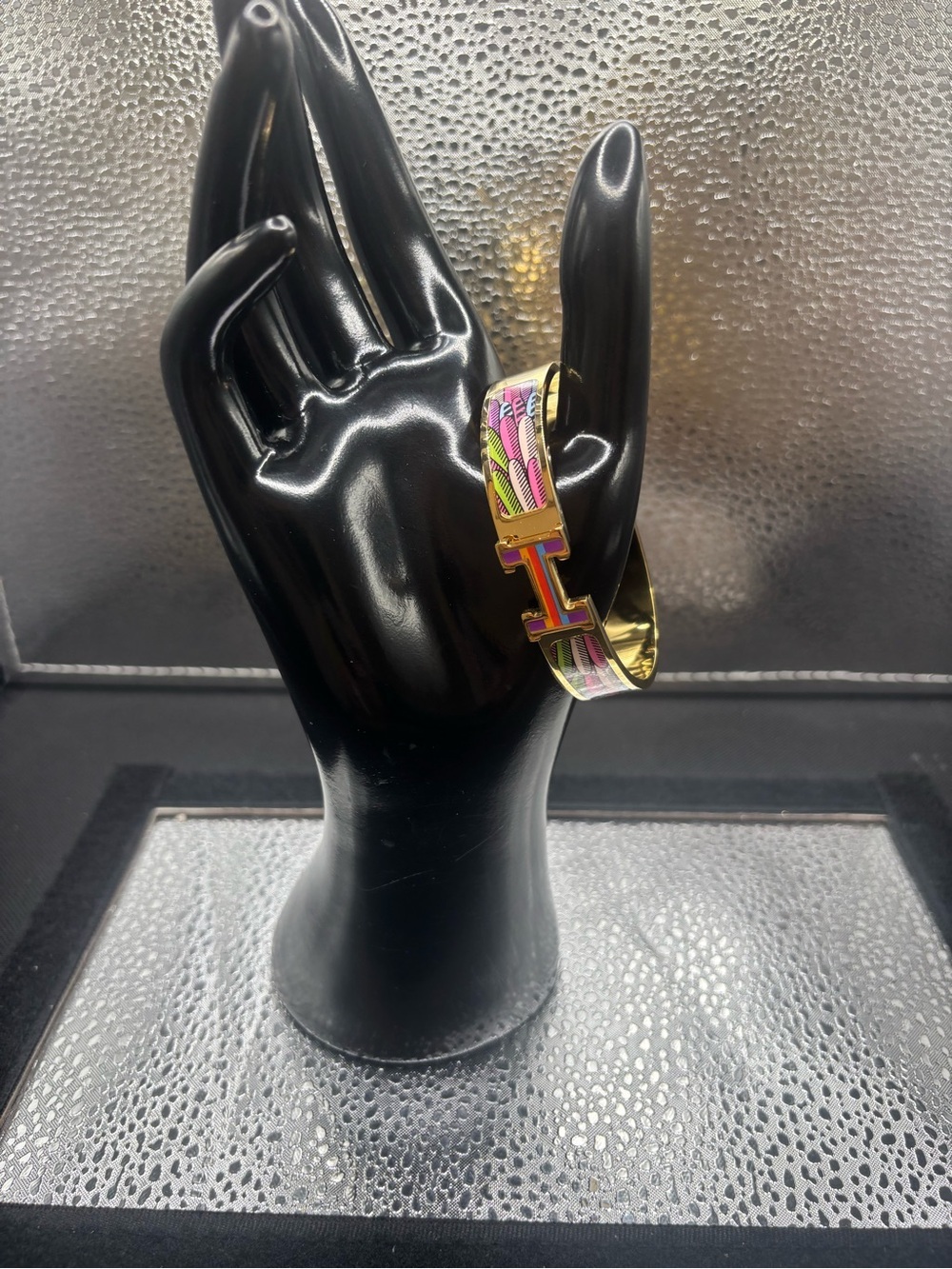 Gold-Tone H Bracelet with Pink & Green Pattern Stainless Steel